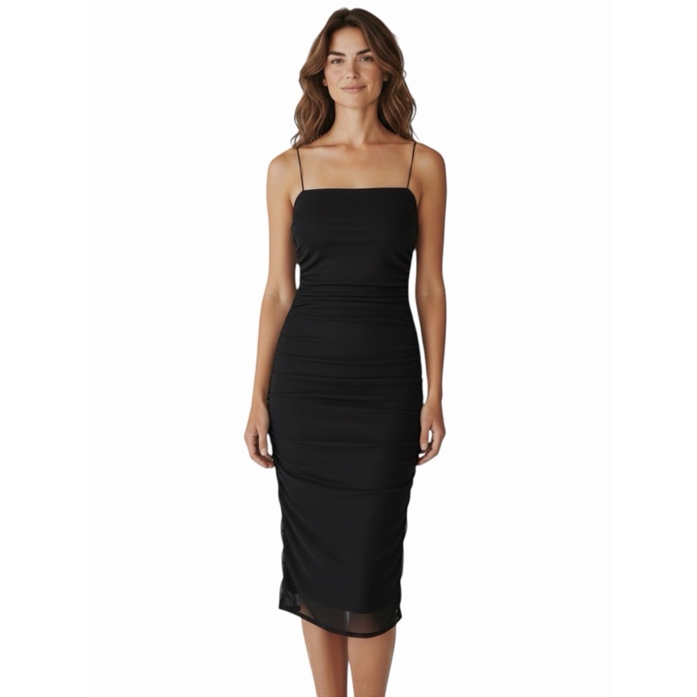 B. Darlin Women's Black Ruched Mesh Bodycon Sweetheart Dress Sz L - Picture 1 of 6